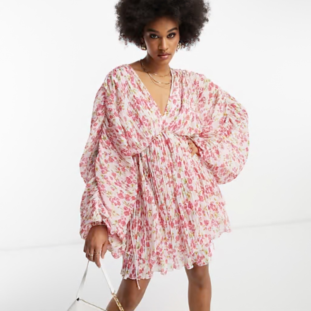 NWT Asos pleated batwing trapeze mini dress in pink floral Small